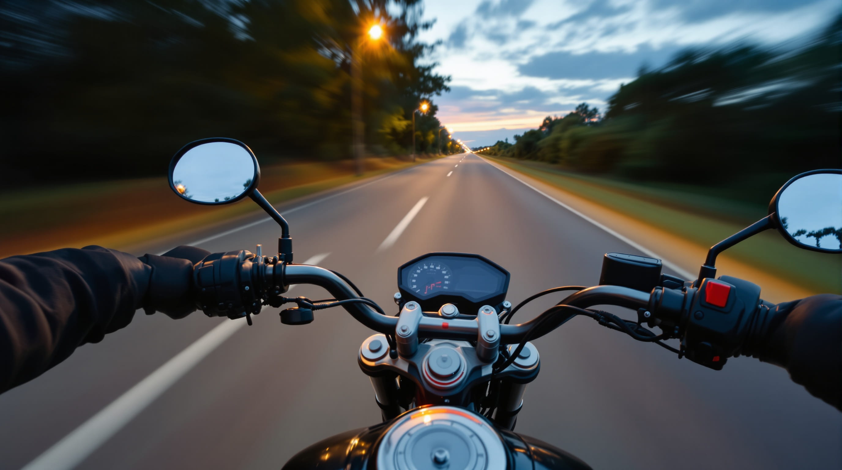 Wide angle view from motorcycle rider perspective on the road at dusk