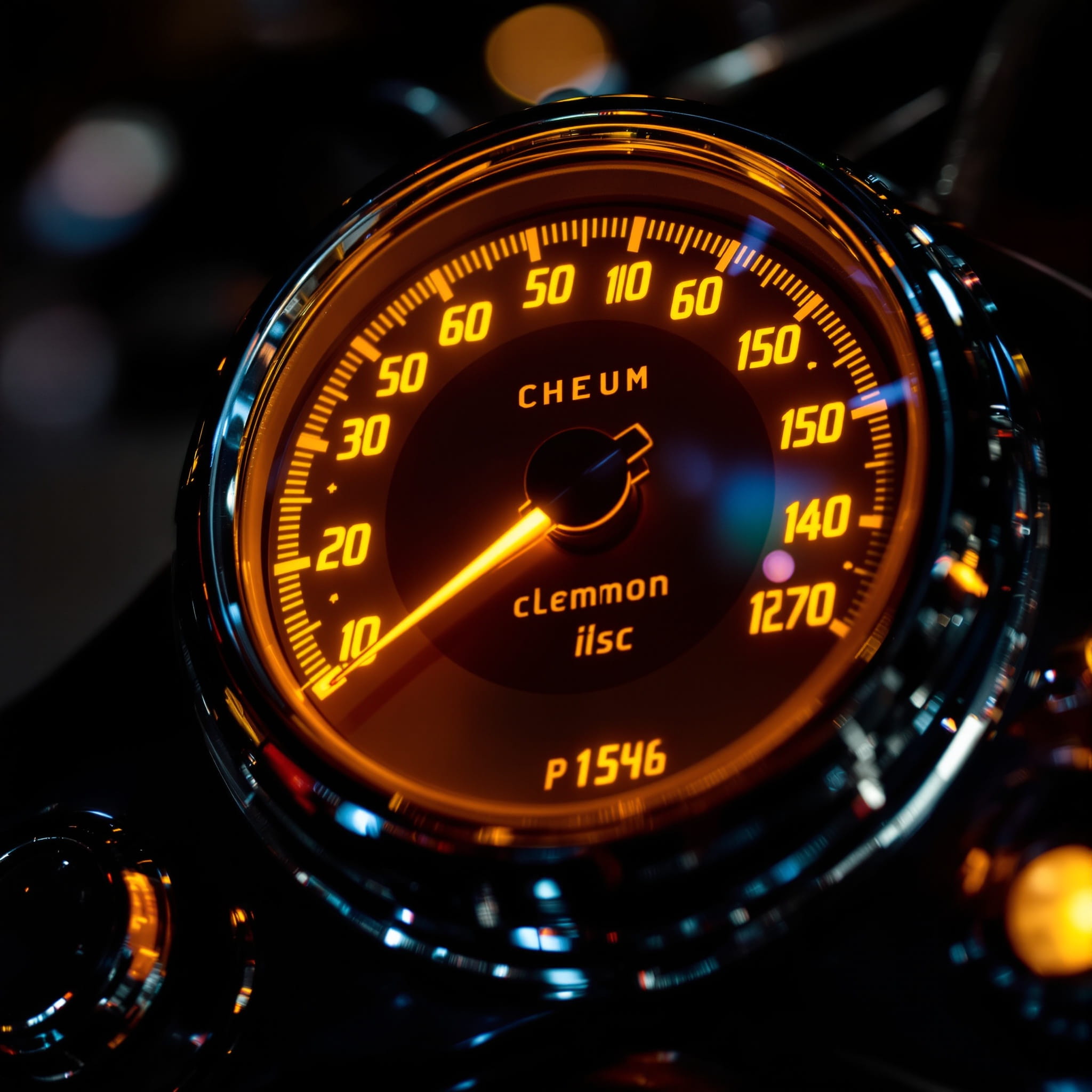 Vintage motorcycle speedometer glowing warm amber at night